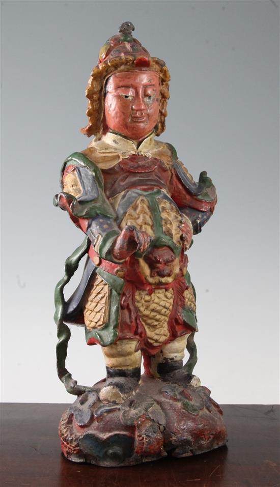 A Chinese painted lead figure of a warrior, Ming Dynasty or later, 40.5cm